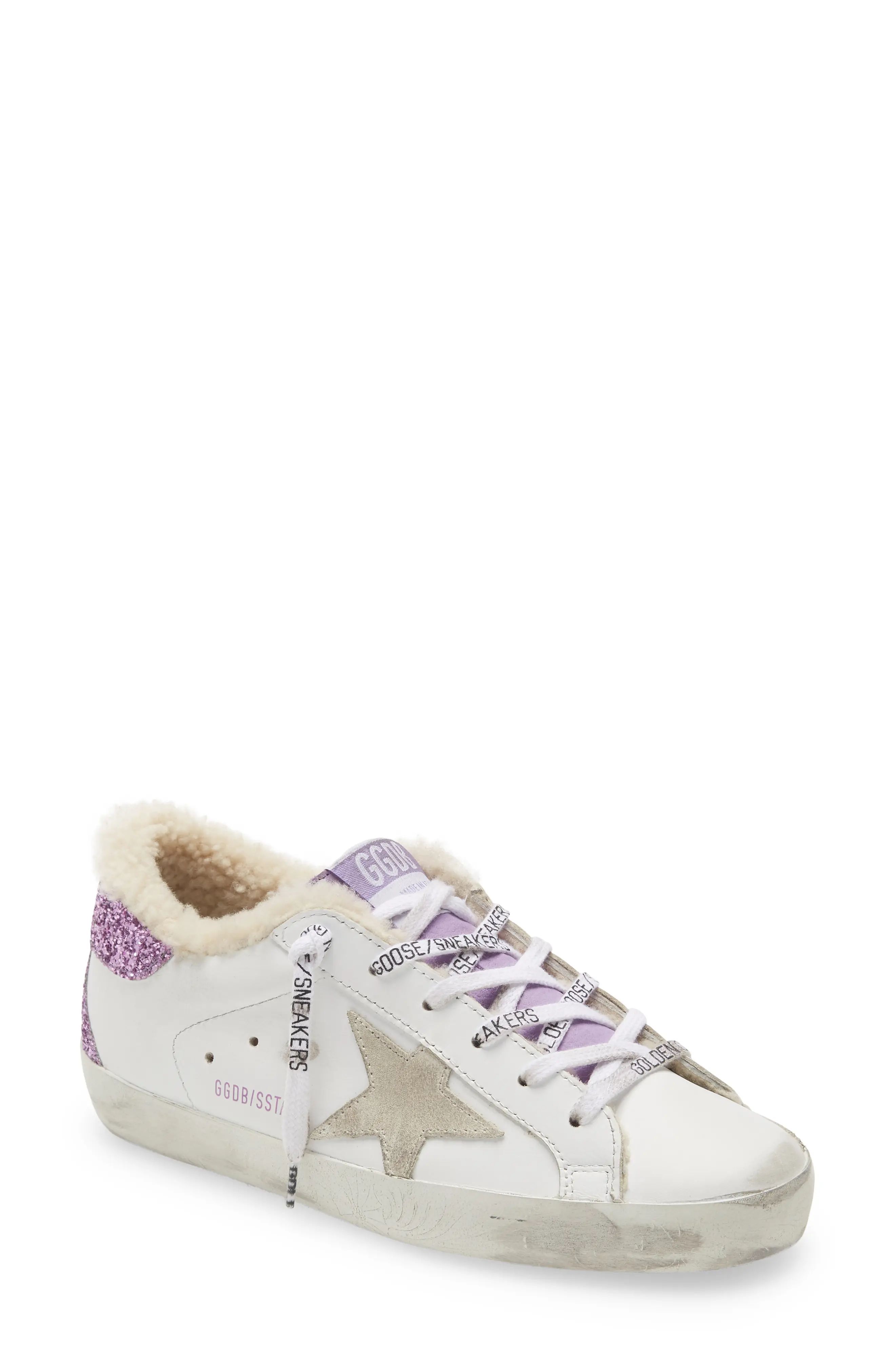 Golden Goose Super-Star Genuine Shearling Lined Low Top Sneaker in White/Lavender at Nordstrom, Size | Nordstrom