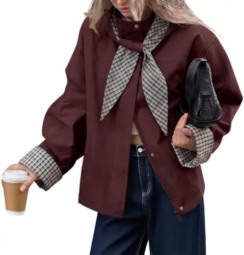 Tankaneo Womens Cropped Trench Coats Fall Jacket with Plaid Detachable Hood | Amazon (US)
