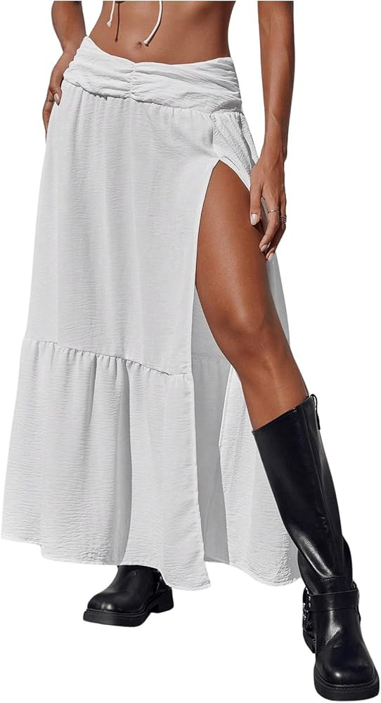 SHENHE Women's Summer Low Rise Maxi Skirt High Slit Ruffle Hem Flowy Boho Long Skirt | Amazon (US)