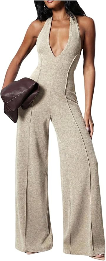 WDIRARA Women's Halter Jumpsuit Deep V Neck Sleeveless Backless Wide Leg Pants Romper | Amazon (US)