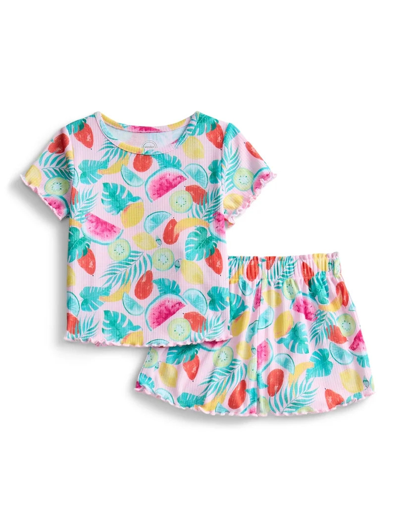 Wonder Nation Toddler Girl's Ribbed Print Tee and Shorts, 2-Piece Pajama Set, Sizes 12M-5T - Walm... | Walmart (US)