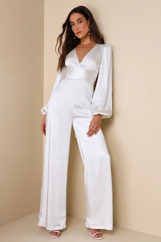Sensational Evening White Satin Tie-Front Long Sleeve Jumpsuit | Lulus