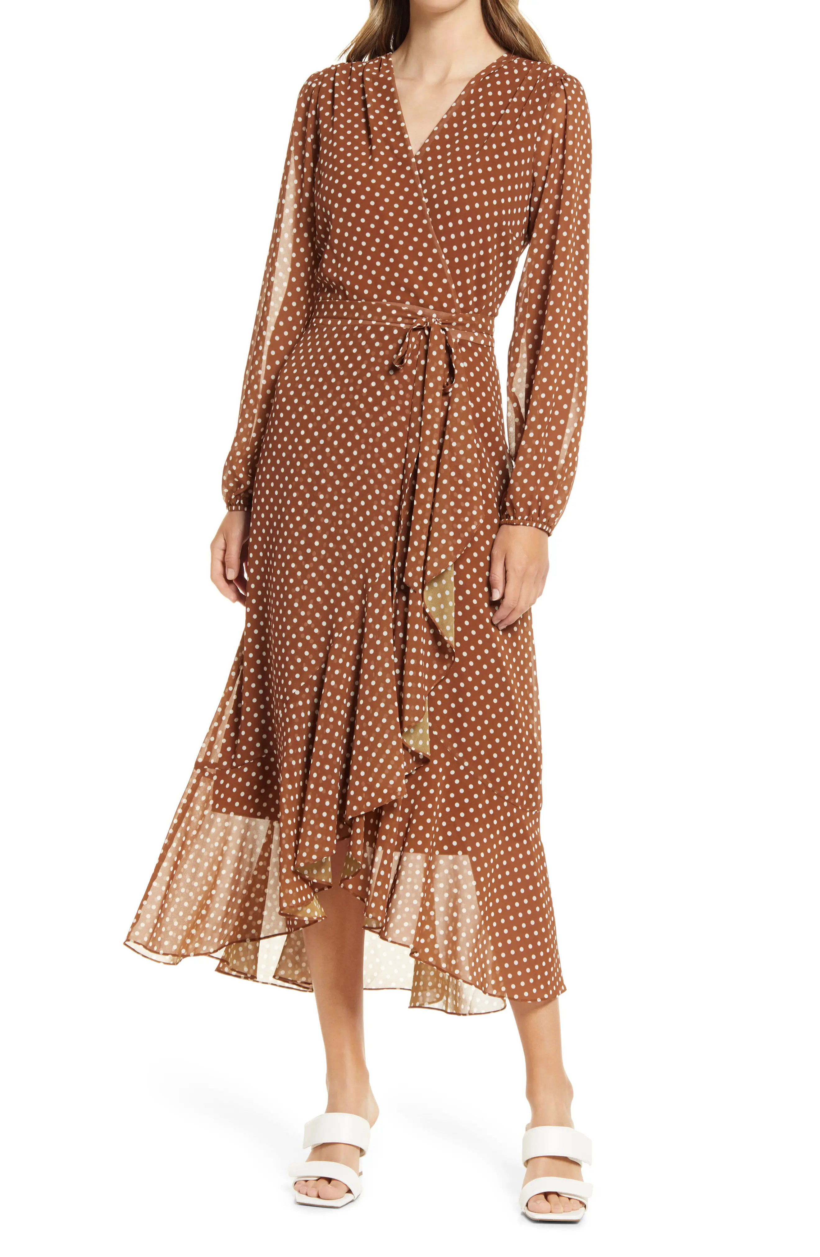 Sam Edelman Polka Dot Wrap Front Long Sleeve Dress in Brown/White Dot at Nordstrom, Size 8 | Nordstrom