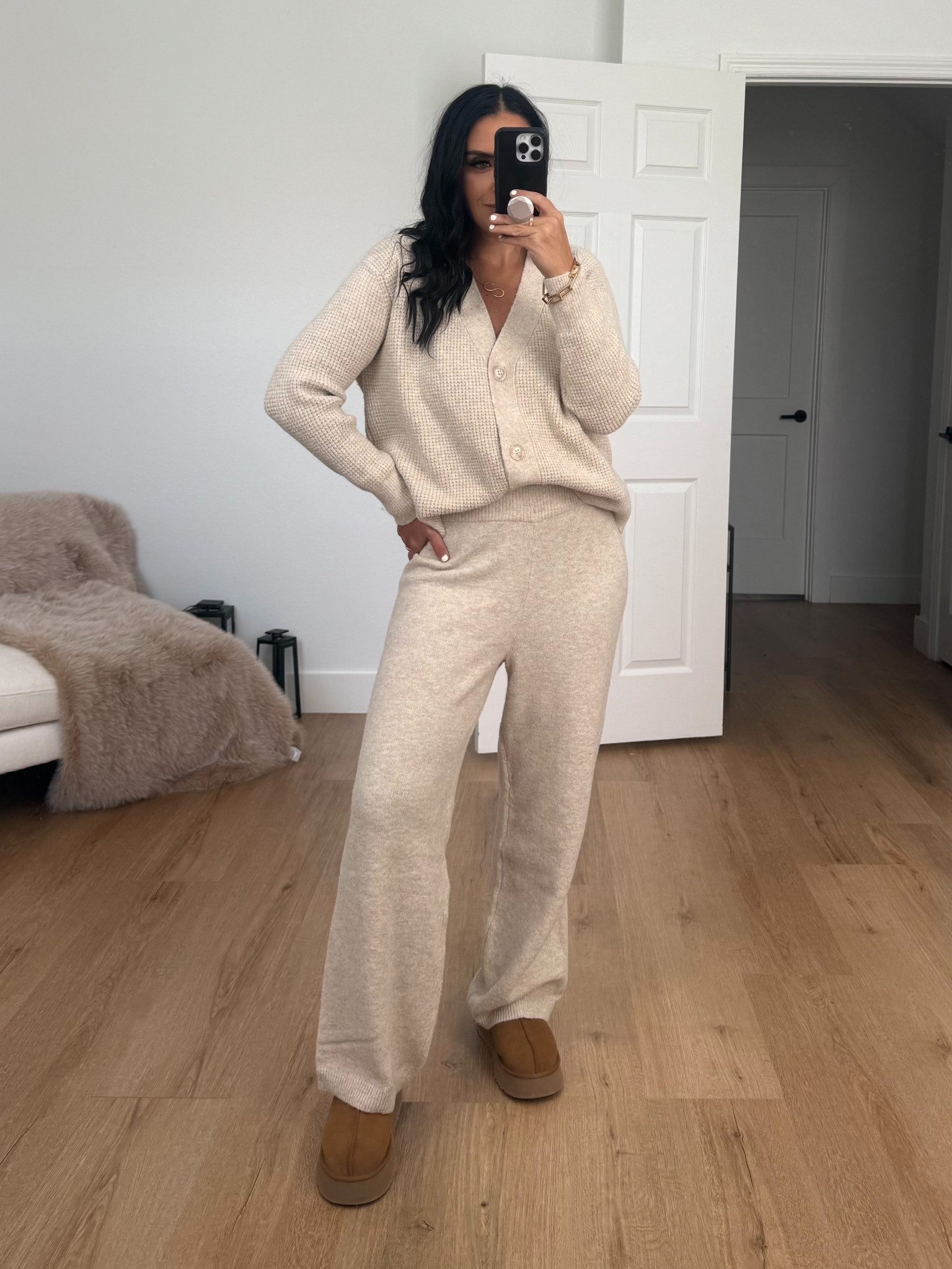 Two piece Cardigan and Pants Sweater Set wearing size medium only $22. 