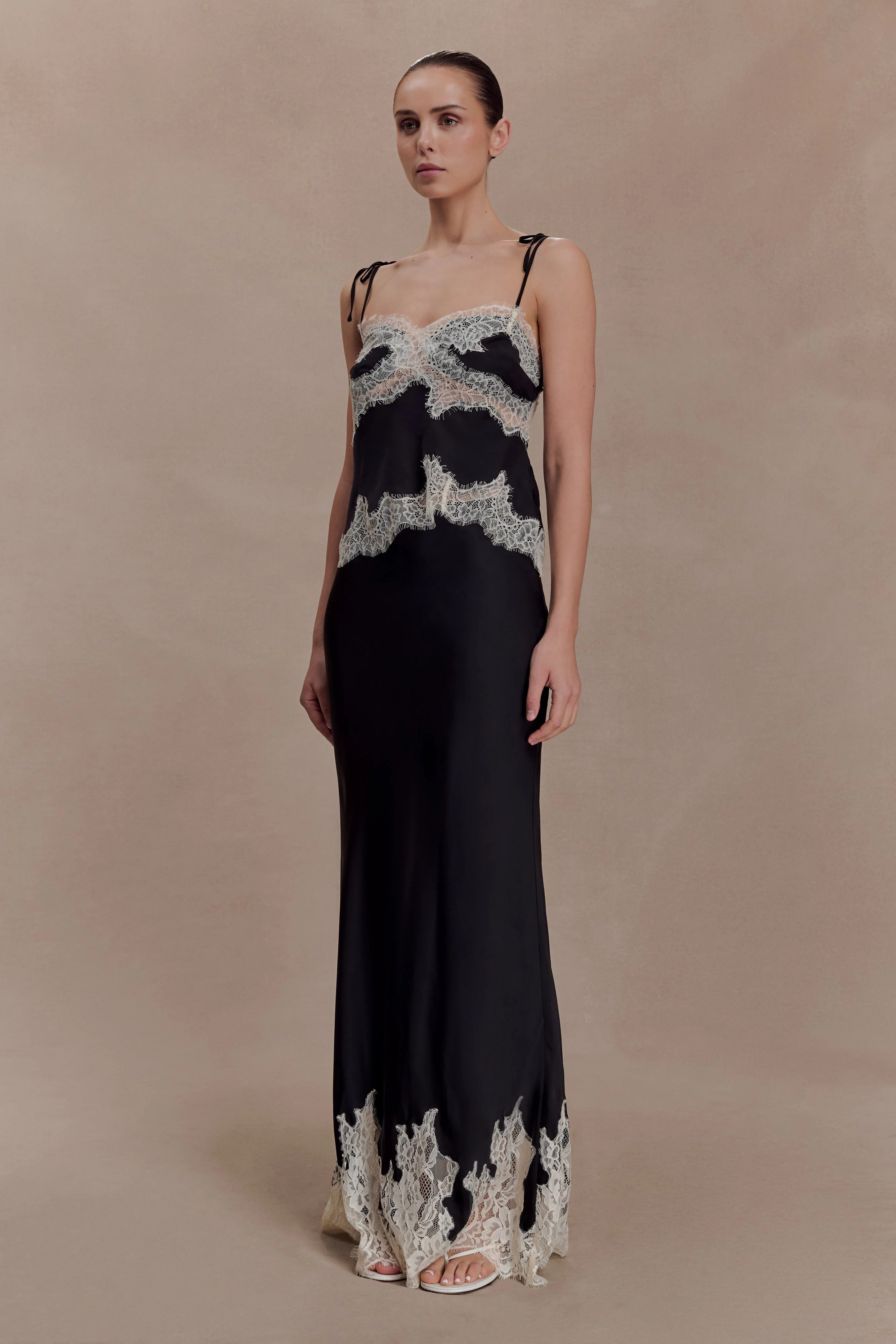 Satin And Lace Maxi Skirt - Black/Ivory | MESHKI US