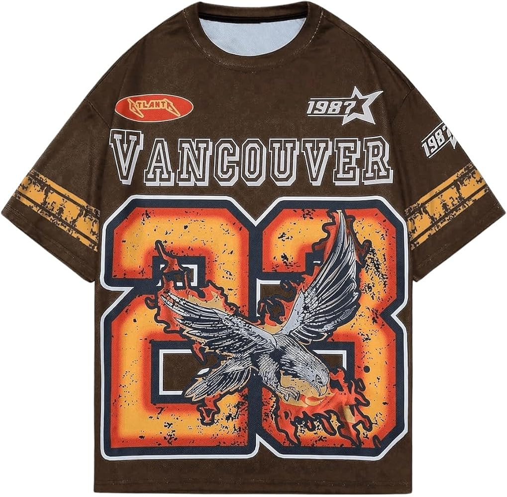 WDIRARA Men's Eagle Letter Graphic Street T Shirt Oversized Short Sleeve Crewneck Tee Top | Amazon (US)