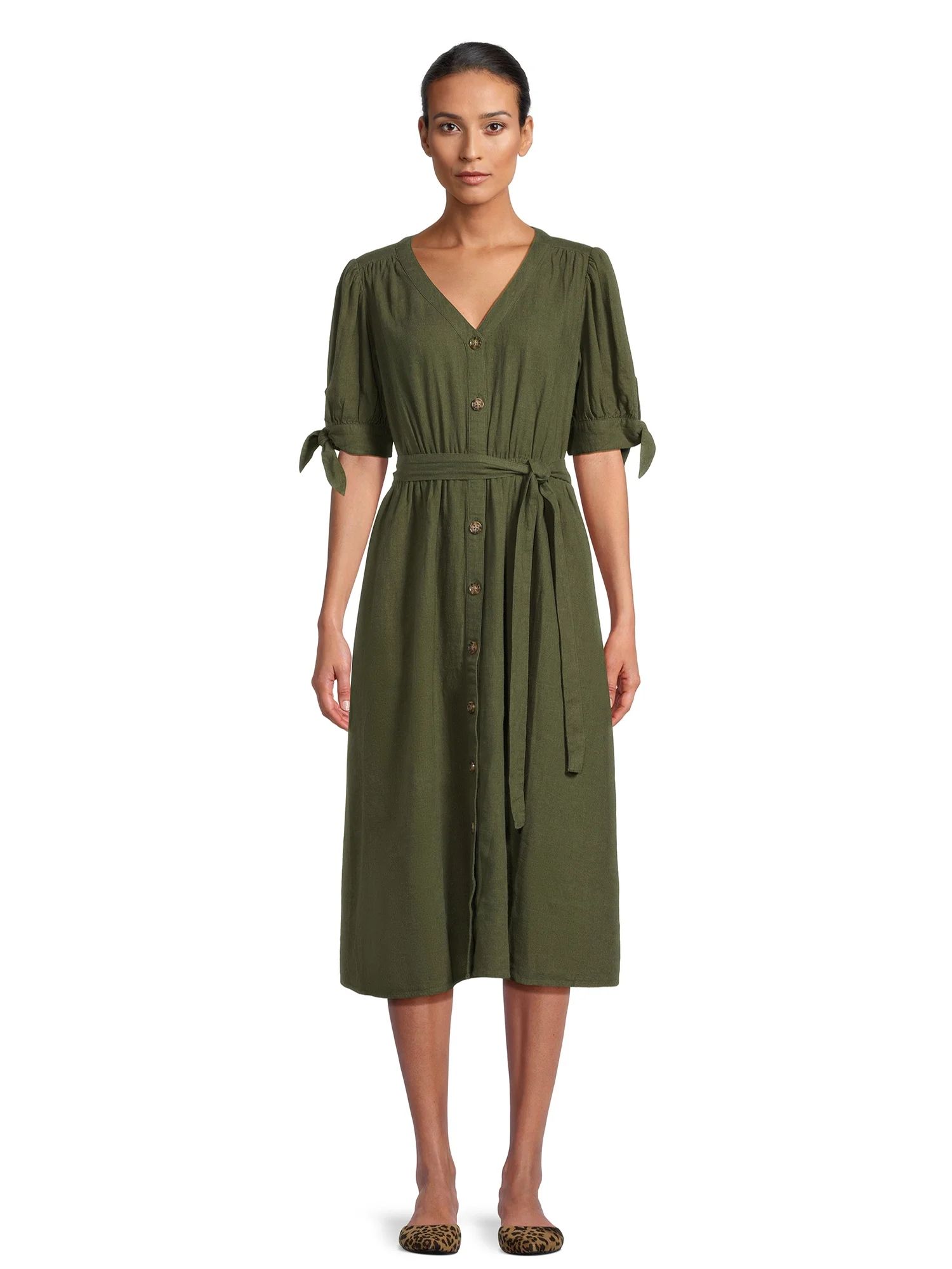 Time and Tru Women?s Tie Sleeve Linen Blend Midi Dress, Sizes XS-XXXL | Walmart (US)