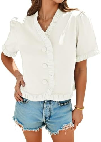 Tankaneo Womens Cropped Short Puff Sleeve Blouse Summer Ruffle V Neck Button Down Shirts Dressy C... | Amazon (US)