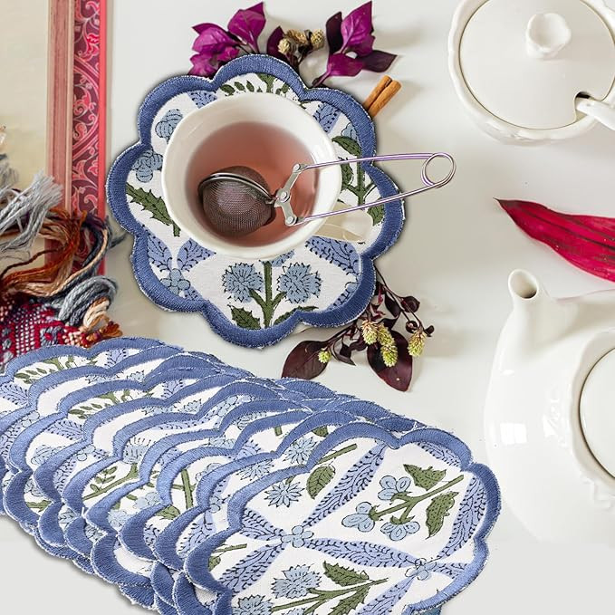Ridhi Hand Block Print 8- pcs Canvas Cotton Drink Absorbent Stylish Embroidery Scallop Coaster Se... | Amazon (US)