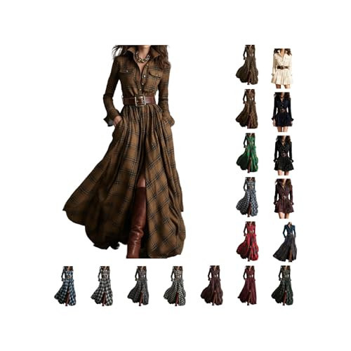 Women's Plaid Dress, Western Cowboy Style, Retro V-Neck, Button-Down Asymmetrical Hem, with Pockets (Khaki,Medium) | Amazon (US)