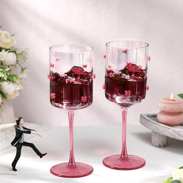 2 Pack Bow Wine Glasses Pink Coupe Bow Red Wine Glasses 16 oz Delicate and Elegant Decorative Coq... | Amazon (US)