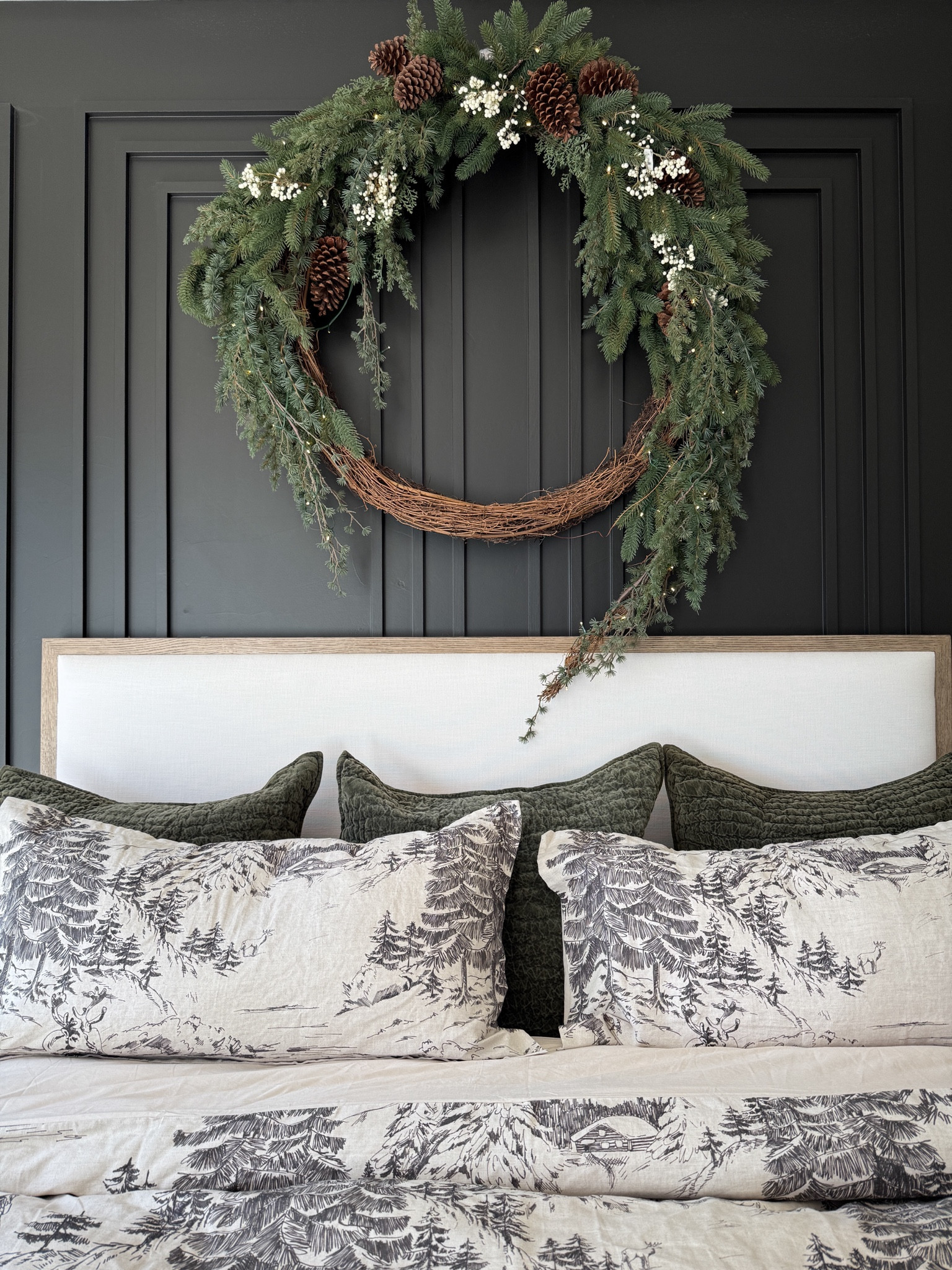 Wreath and winter bedding details in the primary bedroom. This wreath is 48” diameter. Such a statement piece. The crushed velvet bedding accents are in the color Loden.

#LTKHome #LTKStyleTip #LTKHoliday