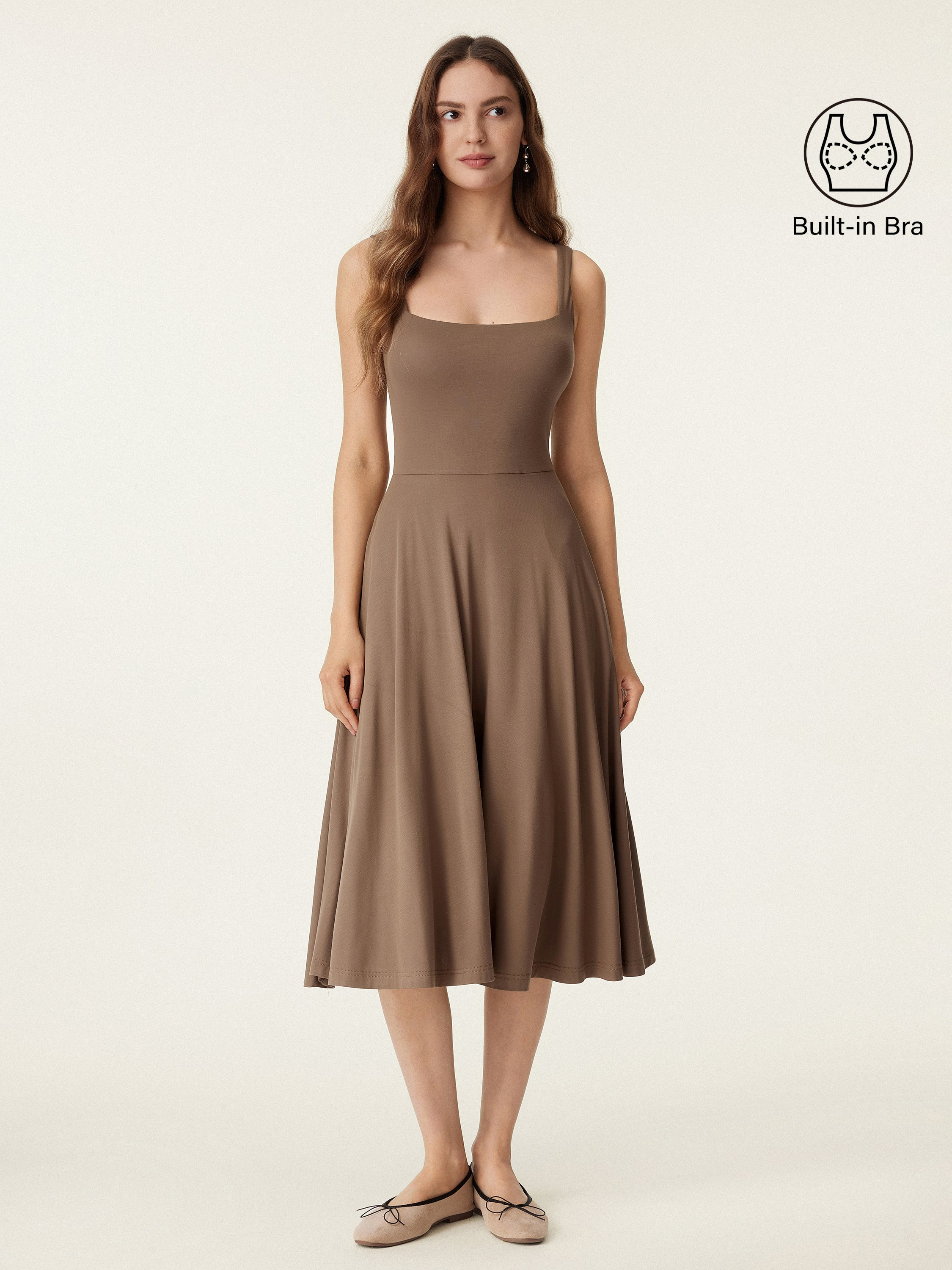 Square Neck Flowy New Airy Bra Midi Dress - Iced Mocha / S | OGLmove