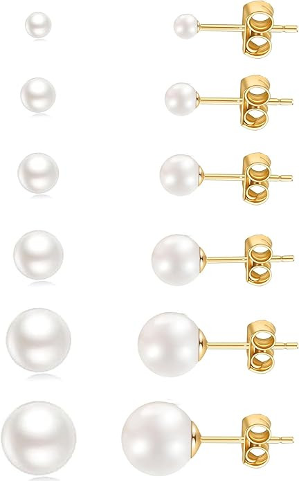 14K Gold Filled Polished Small CZ Pearl Ball Stud Earrings Set for Women Men 20G Surgical Steel H... | Amazon (US)