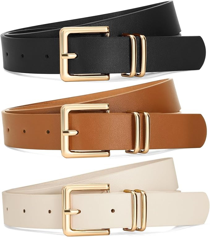 3 PACK Women Leather Belts for Jeans Pants Dresses Fashion Ladies Waist Belt with Gold Square Buc... | Amazon (US)