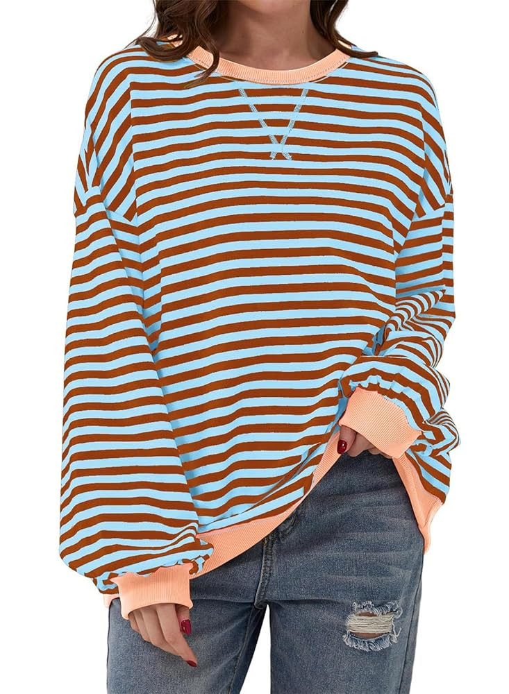 AlvaQ Womens Oversized Sweatshirt 2024 Casual Crewneck Long Sleeve Colorblock Striped Pullover Tu... | Amazon (US)