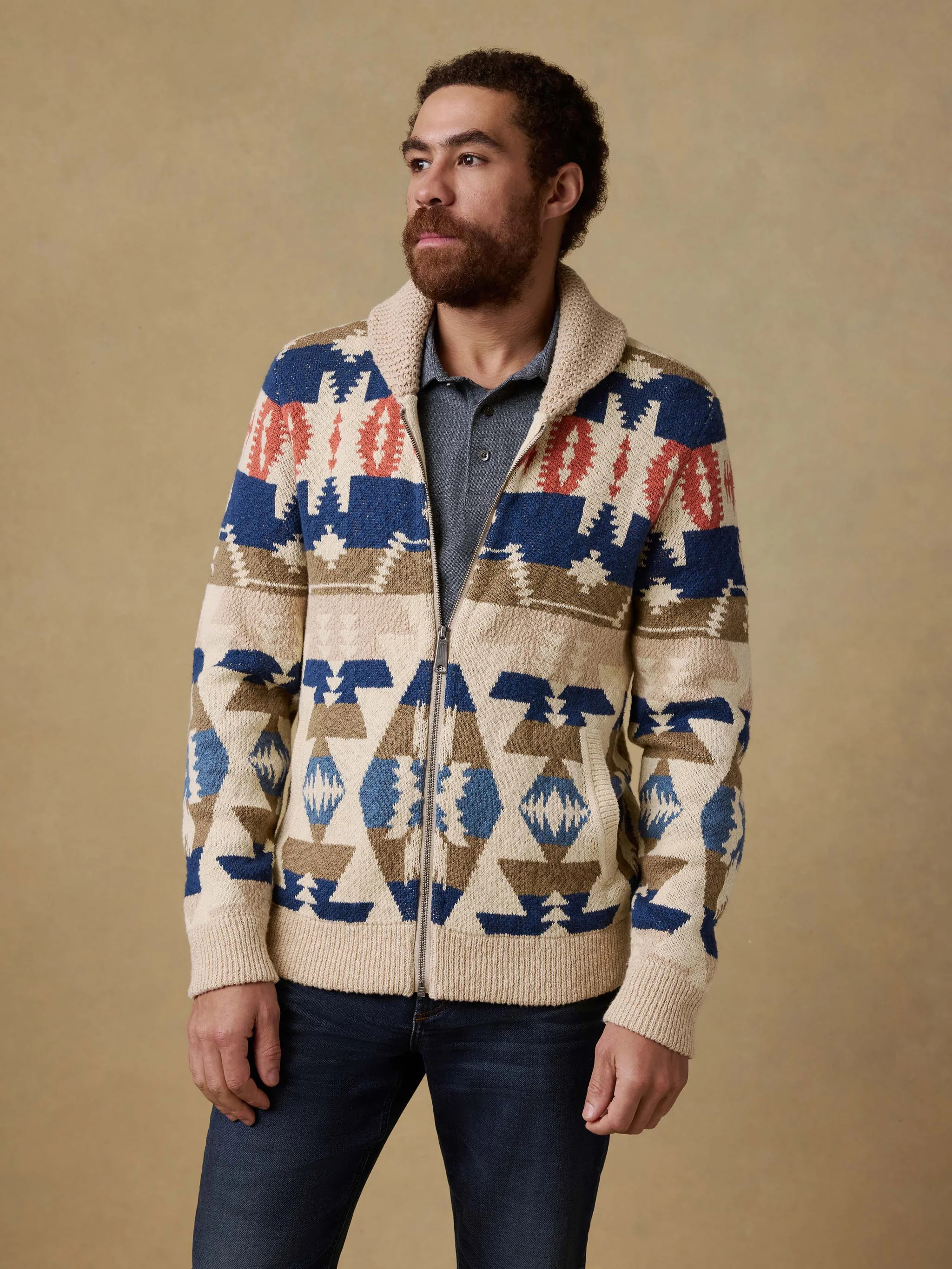 Thunder Voice Eagle Cardigan - Sand Four Eagles | Faherty