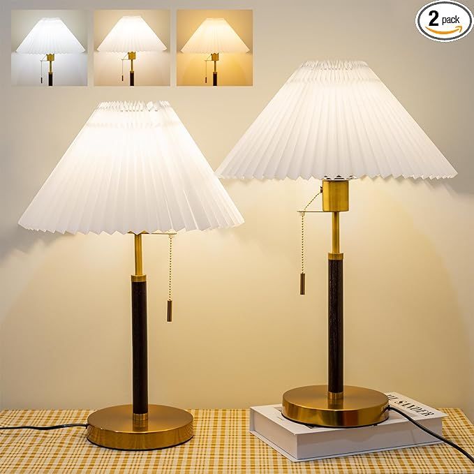 Vintage Pleated Table Lamp Set of 2, Bright 3-Color Temperature Nightstand Bedside Reading Lamp f... | Amazon (US)