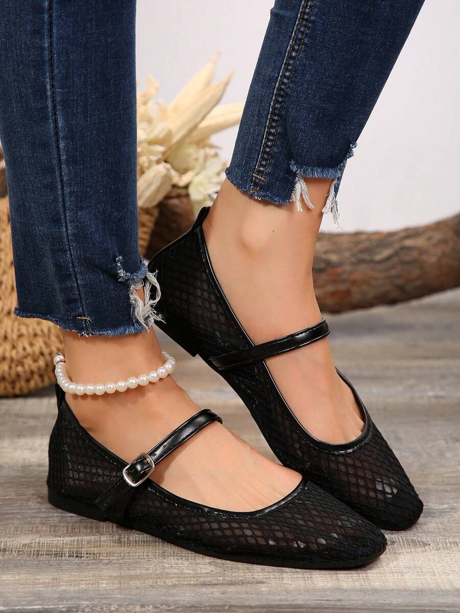 Women's New Fishnet Hollow-Out Ballet Flats, Fashionable, Simple, Comfortable With Soft Bottom | SHEIN