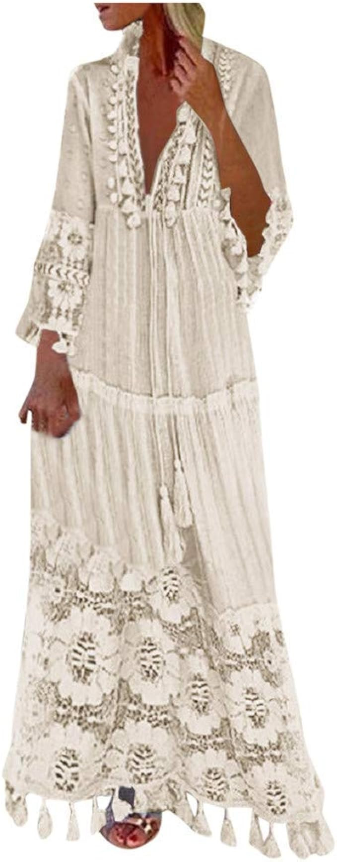 Bohemian Dress for Women V Neck Long Sleeve Tassel Plus Size Long Lace Dress Vacation Beach Ethni... | Amazon (US)