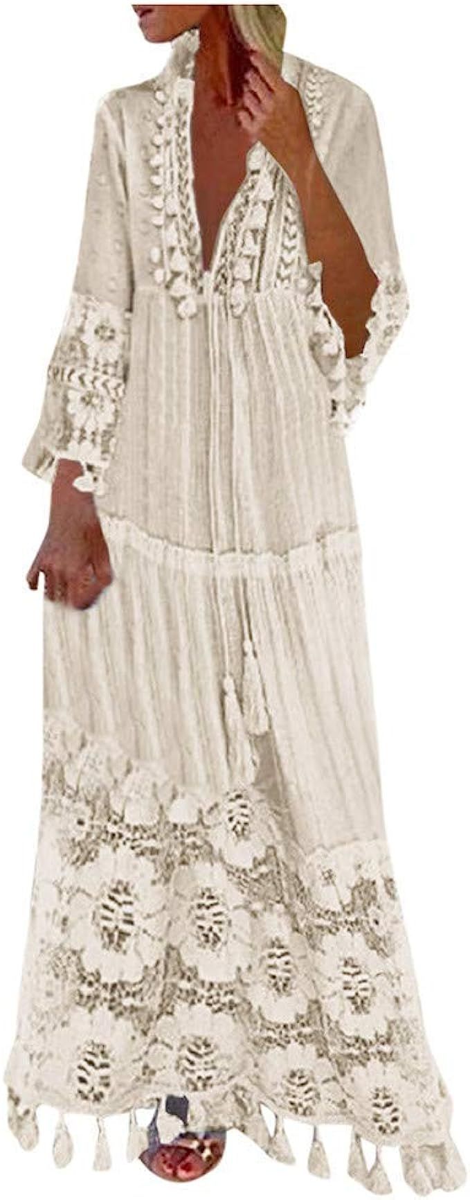Bohemian Dress for Women V Neck Long Sleeve Tassel Plus Size Long Lace Dress Vacation Beach Ethni... | Amazon (US)