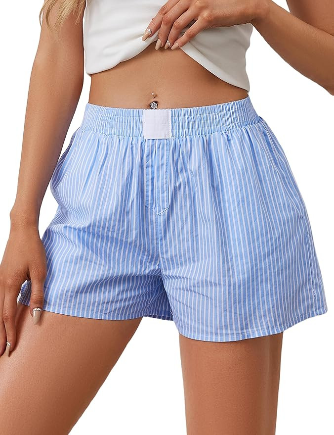Womens Lounge Shorts Y2k Striped Print Elastic Waist Pajama Shorts Cute Boxers Bottoms With Pocke... | Amazon (US)