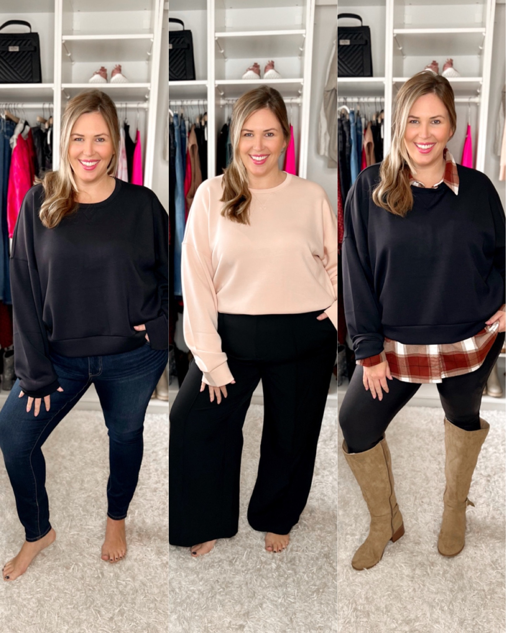 Spanx AirEssentials Crewneck Sweatshirt Styled 3 Ways! This is a new cut of the INCREDIBLE, super comfy AirEssential line (same butter cloud softness as the half-zip, cocoon, and wide-leg pants I've tried previously!) Don't forget, you can use my code ASHLEYDXSPANX for a discount at checkout for any non-sale Spanx items! Look on the left: jeans (size 18) from maurices and the black AirEssential sweatshirt (size 3X) from Spanx. Middle look: trouser (size 20) from Target - they are literally PERFECT and the blush AirEssential sweatshirt (size 2X) from Spanx. Look on the right: leggings (size 2X) from Spanx, flannel (XXL) from Abercrombie, black AirEssential sweatshirt (3X) from Spanx, and wide-calf boots from Lane Bryant. 

#LTKcurves #LTKFind #LTKstyletip