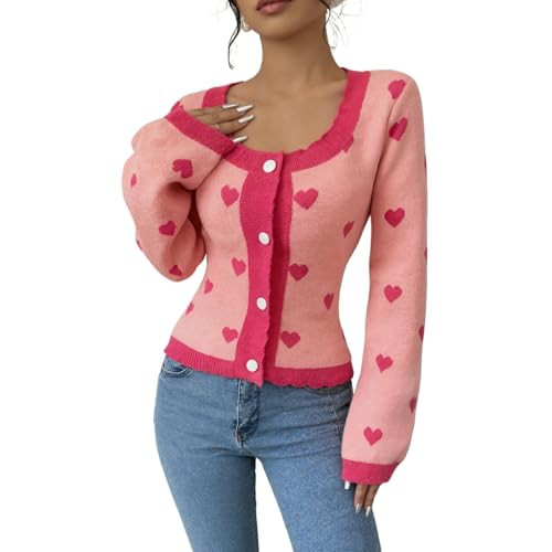 aijiojio Heart Cardigan Knit Open Front Sweater Long Sleeve Button Up Sweater Cute Cozy Valentines Day Outfit Women (Pink,Large) | Amazon (US)