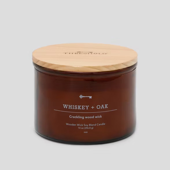 Lidded Glass Jar Crackling Wooden Wick Candle Whiskey & Oak - Threshold™ | Target
