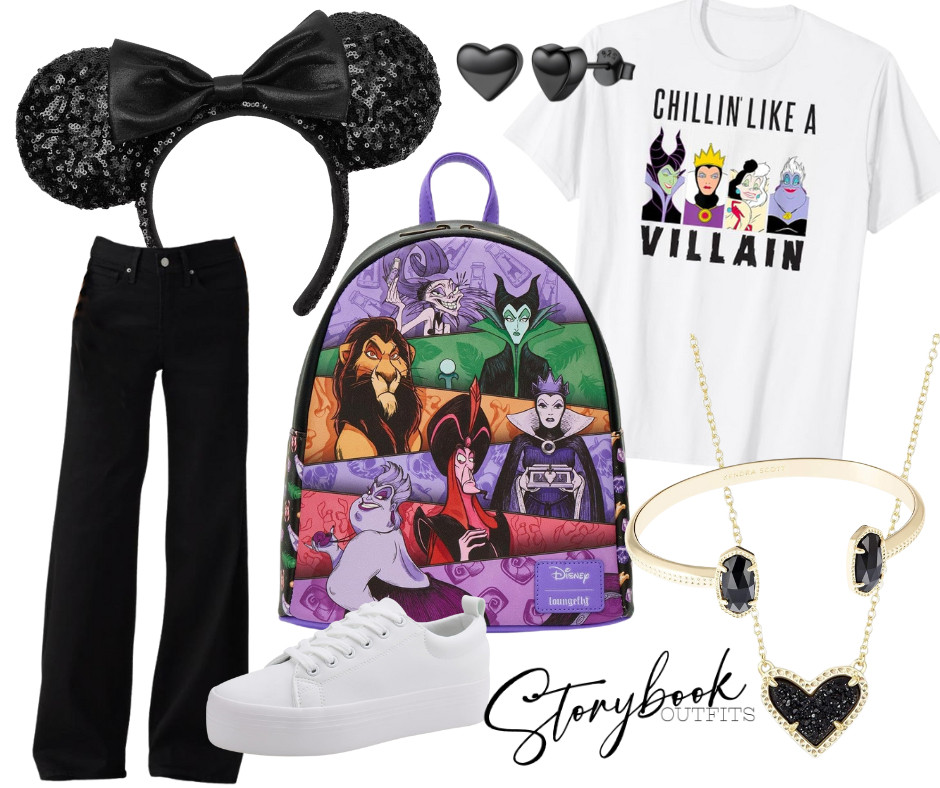 This villain-inspired park look is for the girls who love their Disney with a little attitude. Sleek black pieces, bold villains, and comfy enough to rule the Disney parks all day! 

 