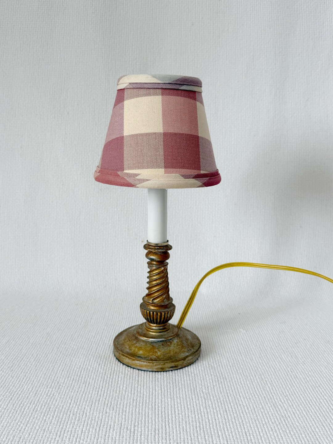 Vintage Cottage Style Small Table Lamp With Plaid Clip on Shade, Rustic Gold Tone Spindle Base, F... | Etsy (US)