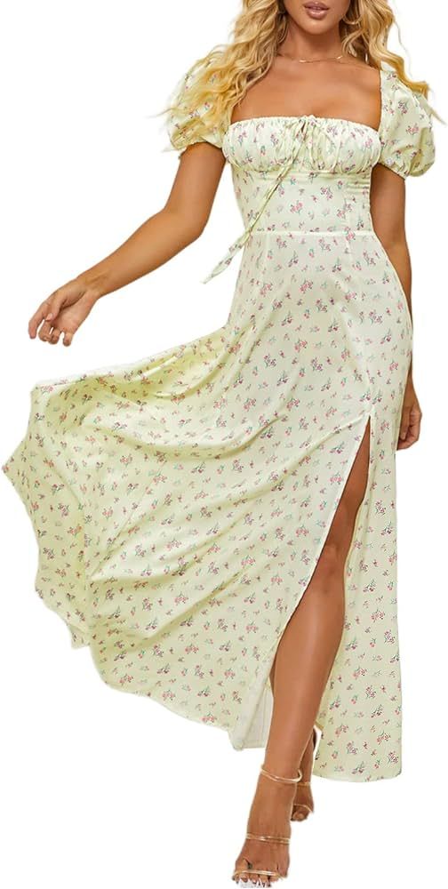 Women's Summer Puff Sleeve Floral Split Maxi Dress Flowy A Line Casual Beach Long Dresses | Amazon (US)