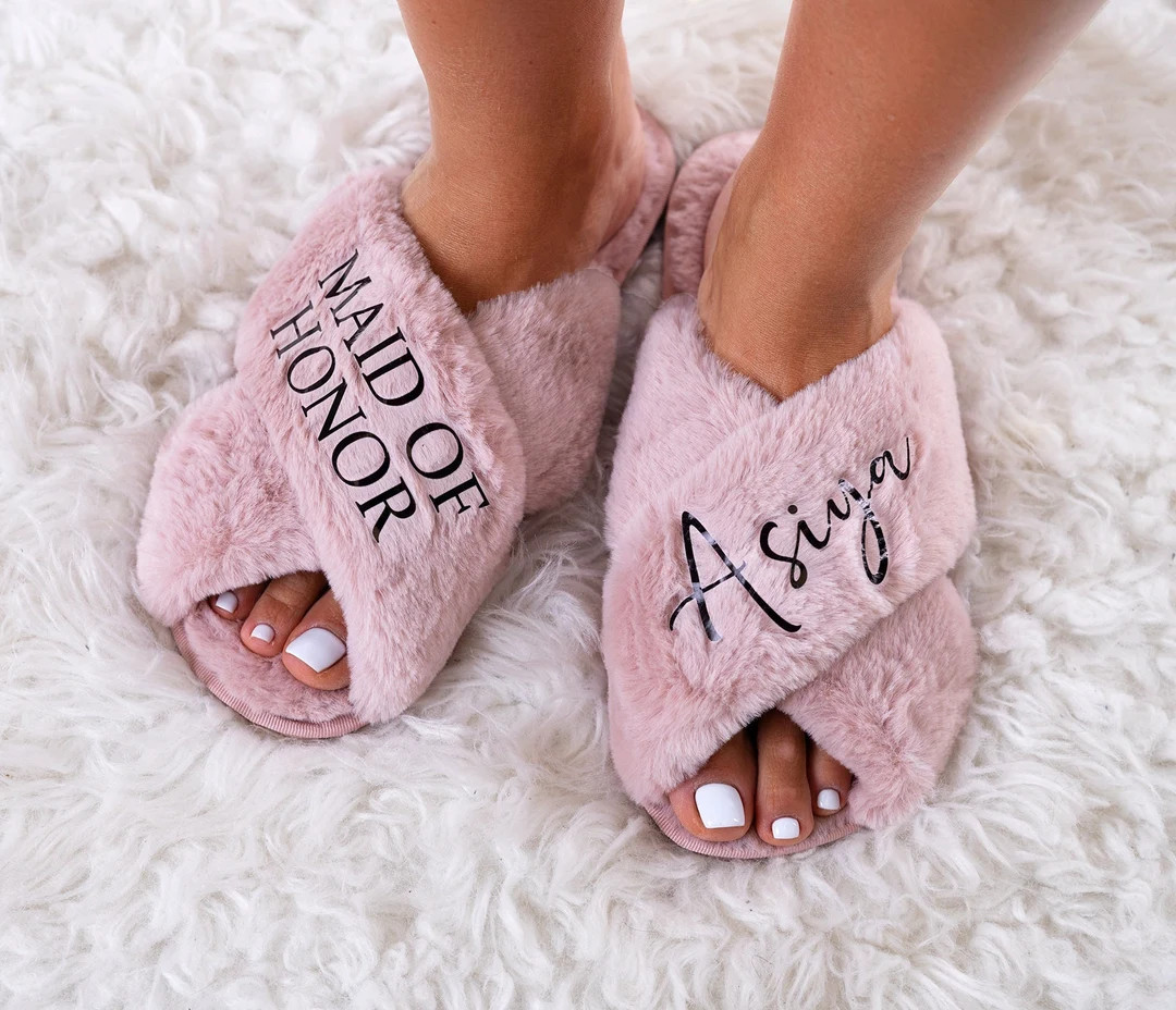 Personalized Bridal Shower Fluffy Cross Slippers Custom Bride Slippers for Wedding Fluffy Slipper... | Etsy (US)