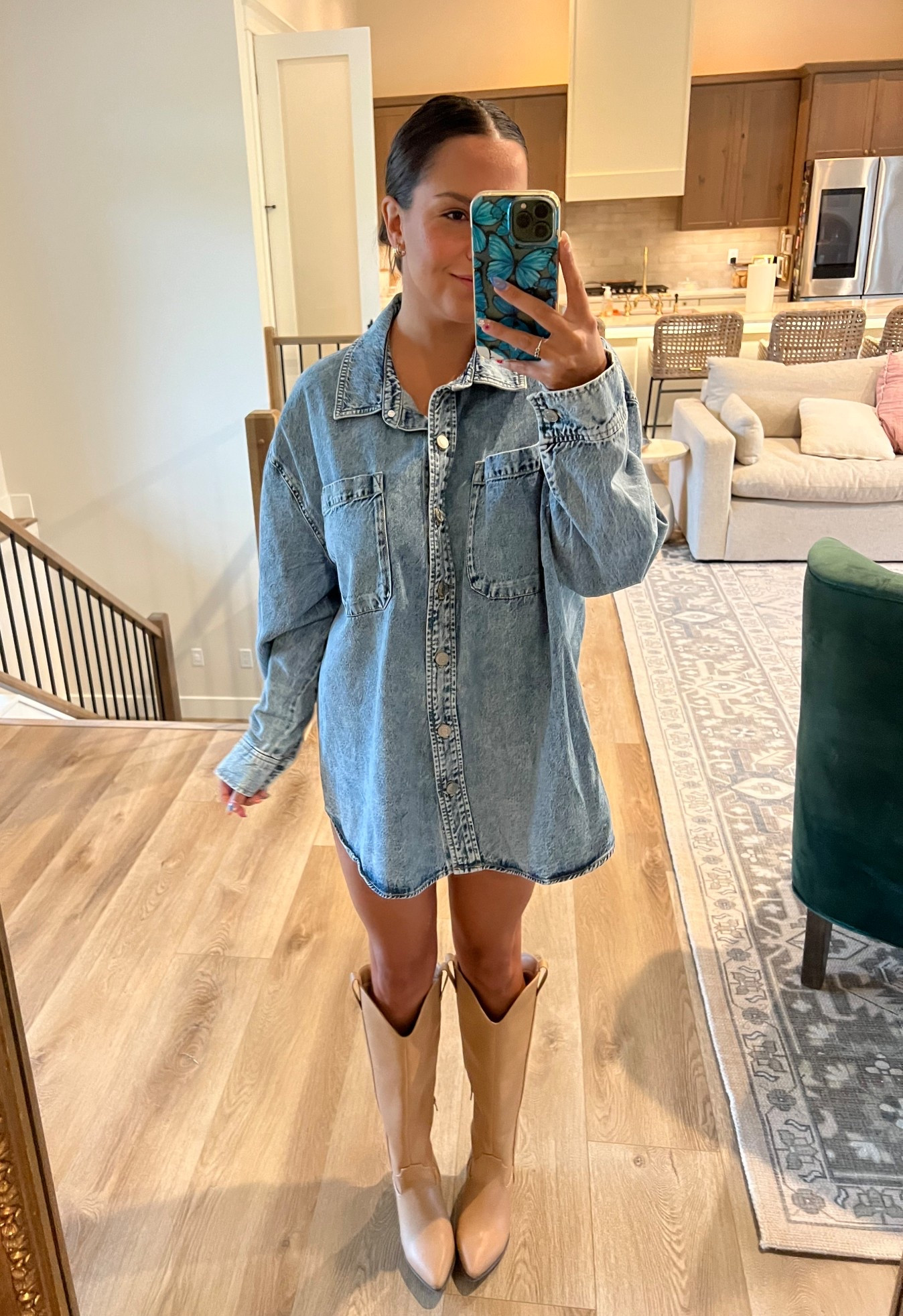Oversized denim shirt turned dress 🤍 just might save this look for a tailgate or game day fit 🏈 ☘️ 

Larissa white denim Walmart shirt dress tan boots fall outfit family pictures

#LTKSeasonal #LTKStyleTip #LTKFindsUnder50
