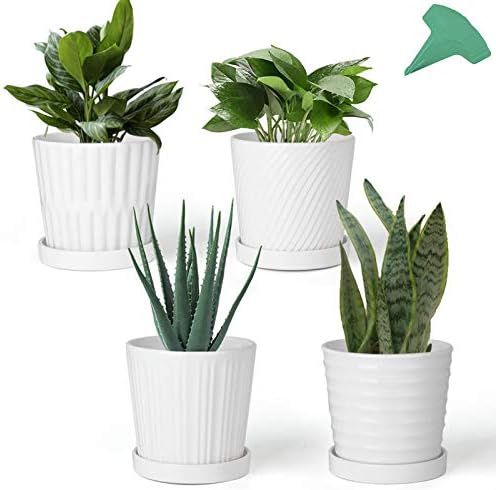 GROWNEER 4 Packs 6 Inches White Ceramic Flower Pots Planters with 15 Pcs Plant Labels, Round Plan... | Amazon (US)