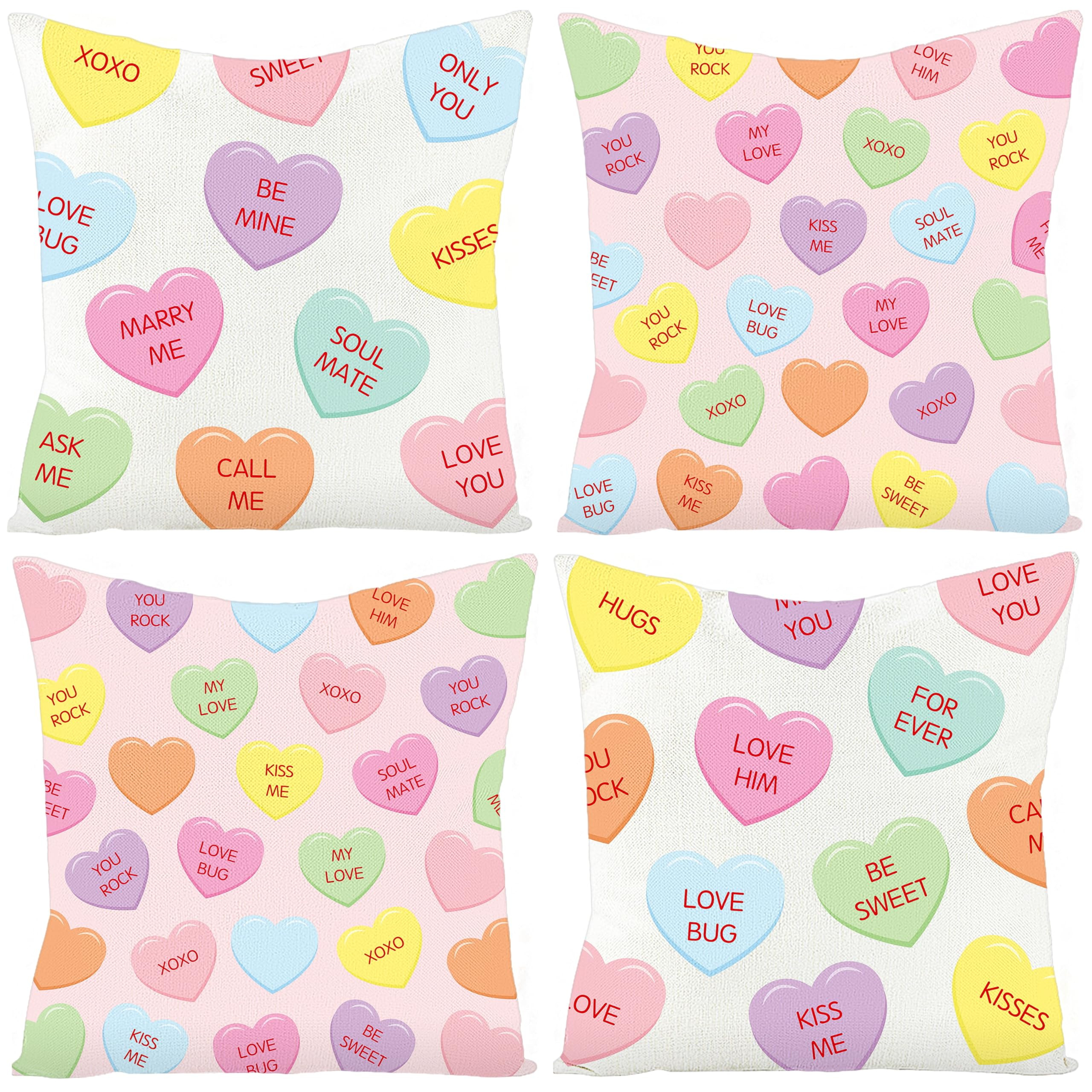 WATINC 4Pcs Valentine’s Day Candy Conversation Cute Heart Throw Pillow Covers, Burlap Hearts Lo... | Amazon (US)