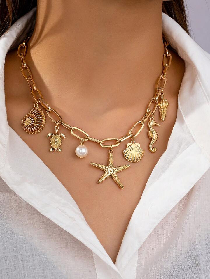 1pc Beach Vacation Style Metal Ocean Creature Pendant Necklace, Suitable For Women's Everyday And Holiday Wear | SHEIN