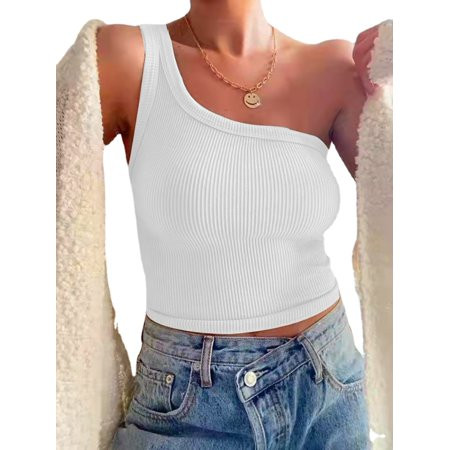 Women Summer One Shoulder Crop Tops Vest Sexy Casual Ribbed Blouse T-Shirt Slim Solid Color Sleevele | Walmart (US)