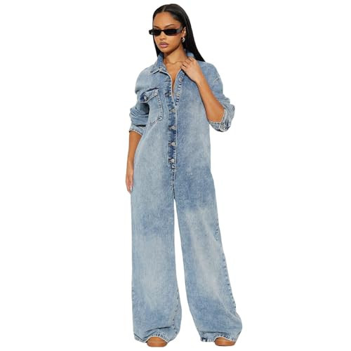 MIAOMIAOWU Baggy Denim Jumpsuit for Women, Casual Loose Fit Long Sleeve Wide Leg Jean Jumpsuit with Pockets (US, Waist, 32, Regular, L, Blue) | Amazon (US)