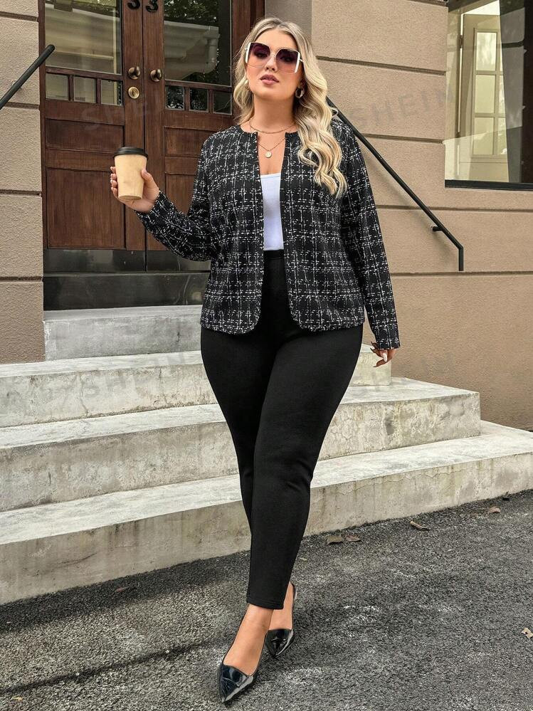 SHEIN Clasi Plus Size Women 2 Piece Set, Plaid Jacket And Tapered Pants, For Autumn | SHEIN