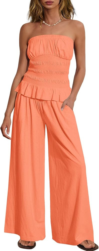 Yanekop Womens Two Piece Lounge Set Strapless Tube Top Pants Sets 2 Piece Outfits Summer Vacation... | Amazon (US)