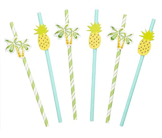 50 Pack - Tropical Paper Straws with Palm Tree and Pineapple Design Charms - Green and Yellow Str... | Amazon (US)