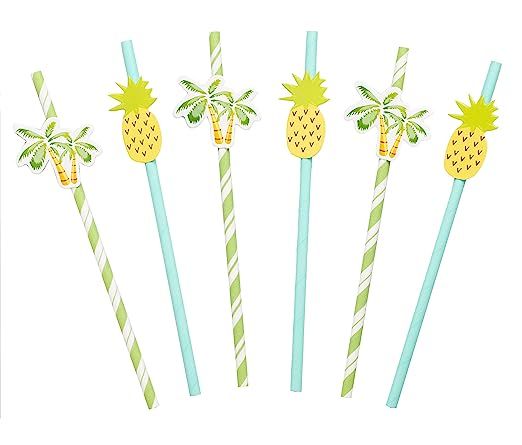 50 Pack - Tropical Paper Straws with Palm Tree and Pineapple Design Charms - Green and Yellow Str... | Amazon (US)