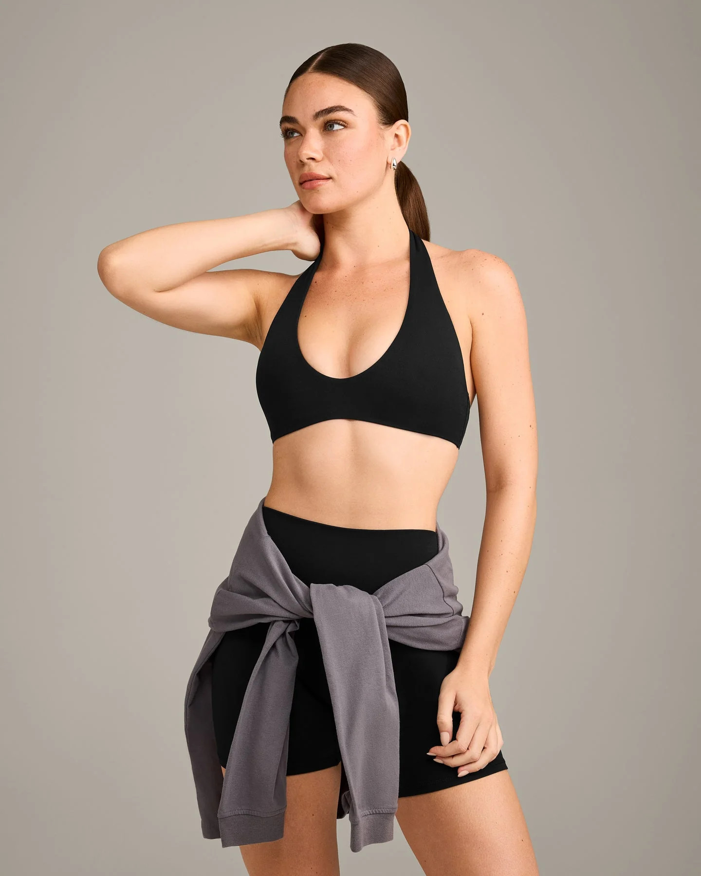 SoftMotion\u2122 Minimal Halter Neck Bralette with Gray Logo 
 Black | Oner Active (UK / US)