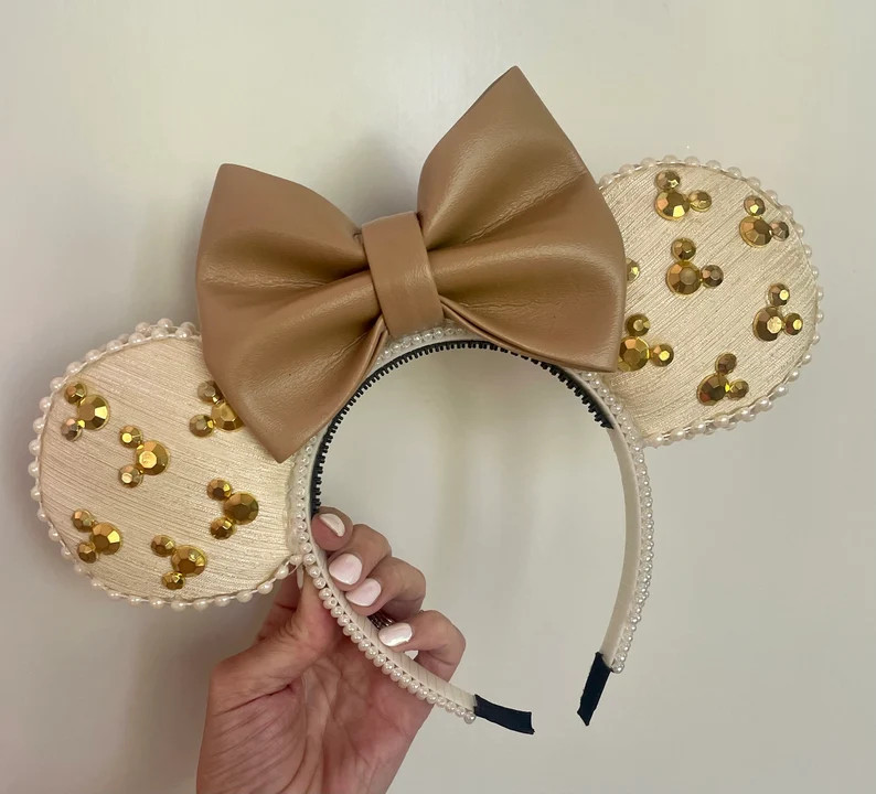 The Neutral Pearl Leather & Pearl Mouse Ears Headband in - Etsy | Etsy (US)