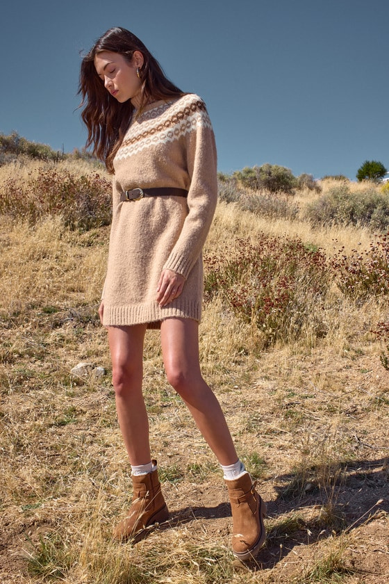 Seasonal Charmer Beige Multi Knit Turtleneck Sweater Mini Dress | Lulus (US)