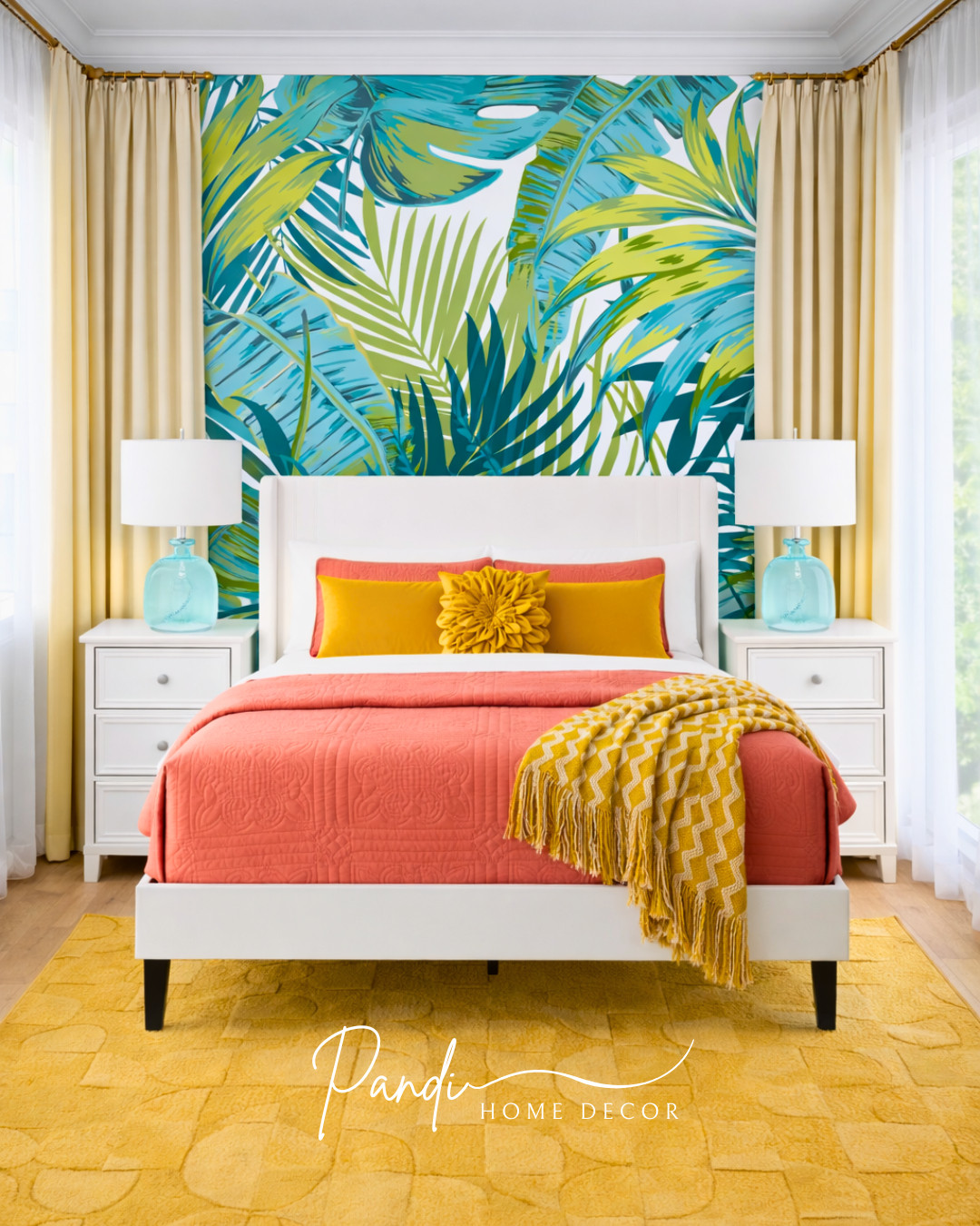 White platform bed, tropical palm leaf wallpaper, teal and lime green mural, coral bedding set, orange quilted coverlet, mustard yellow throw blanket, chevron patterned throw, yellow textured rug, cream blackout curtains, white 3-drawer nightstands, aqua glass table lamps, white drum lamp shades, modern tropical bedroom, vibrant summer decor, coastal chic interior, bright color palette. 

 #LTKHome