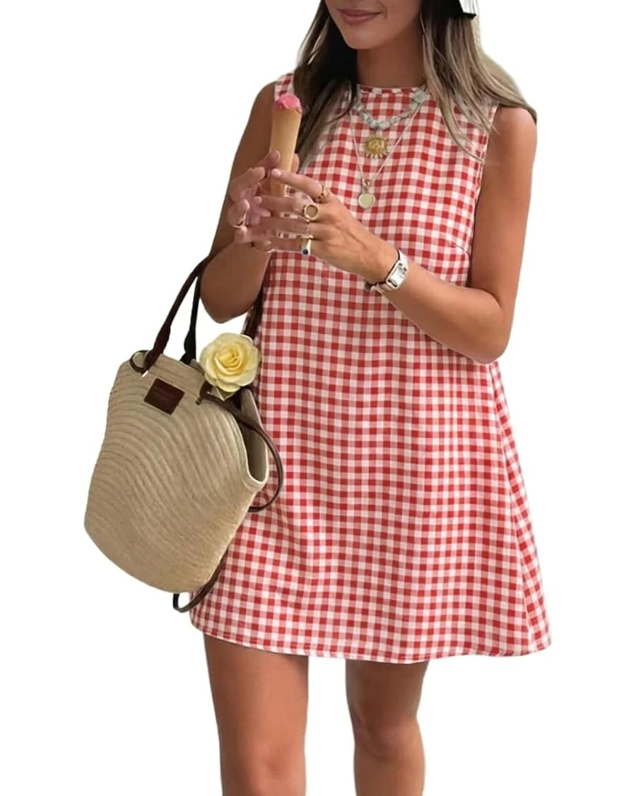 IDEALSANXUN Womens Gingham Dress Spring Summer Beach Boho Sleeveless Mini Sundress | Amazon (US)