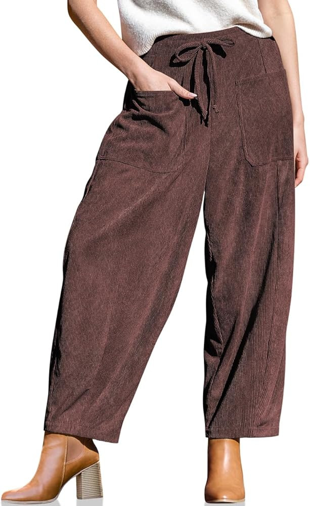 TARSE Women’s Corduroy Pants Baggy Wide Leg Pants Casual Elastic Waisted Palazzo Harem Pants wi... | Amazon (US)
