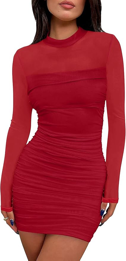 WIHOLL Women's Mesh Sheer Long Sleeve Ruched Mini Dress Sexy Bodycon Mock Neck Cocktail Party Clu... | Amazon (US)